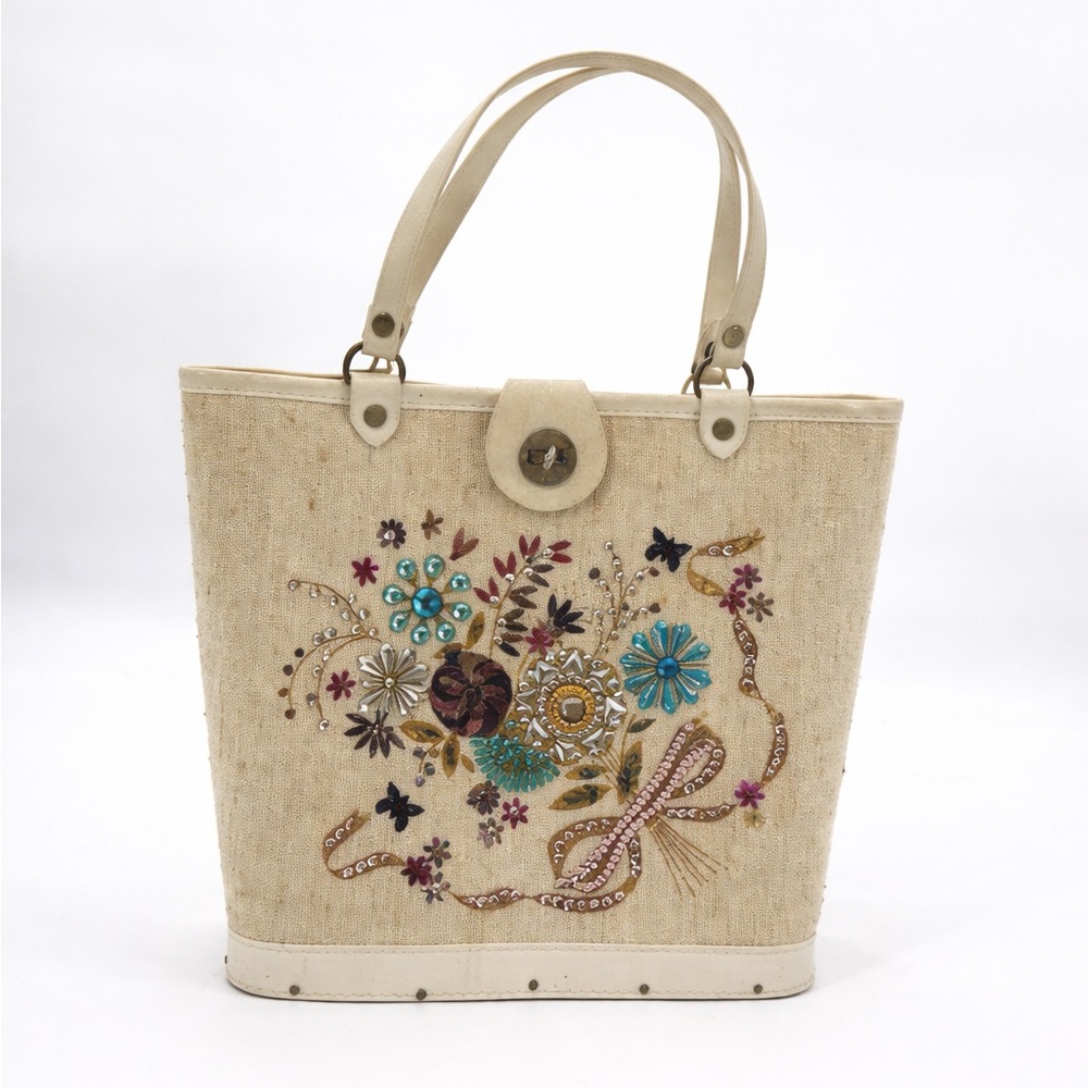 Vintage 60s Jewel Tone  Wood Tote Handbag Collins Style Purse Floral Bucket